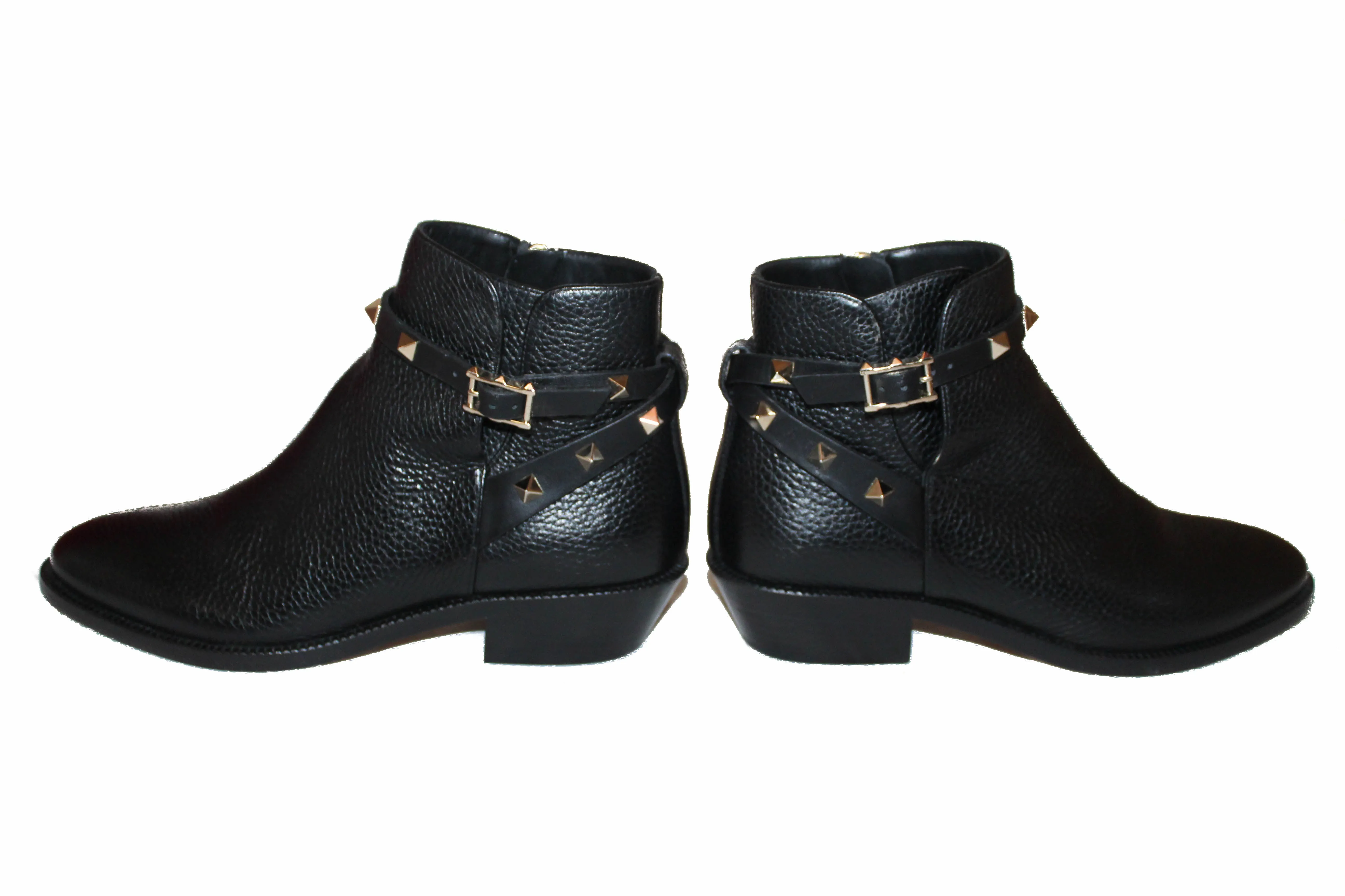 Authentic Valentino Black Leather Rockstud Grainy Calfskin Ankle Boots Shoes Size 36