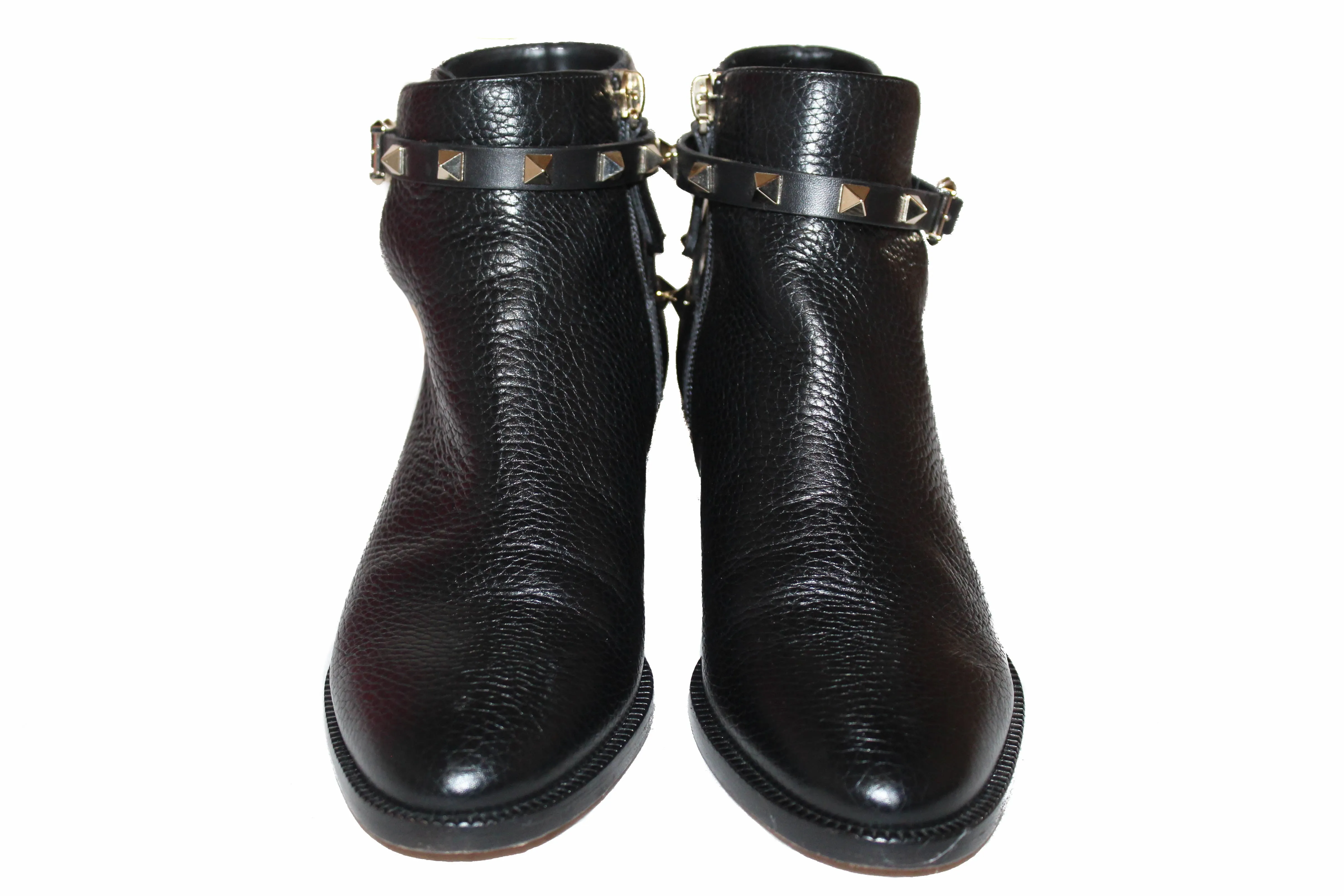 Authentic Valentino Black Leather Rockstud Grainy Calfskin Ankle Boots Shoes Size 36