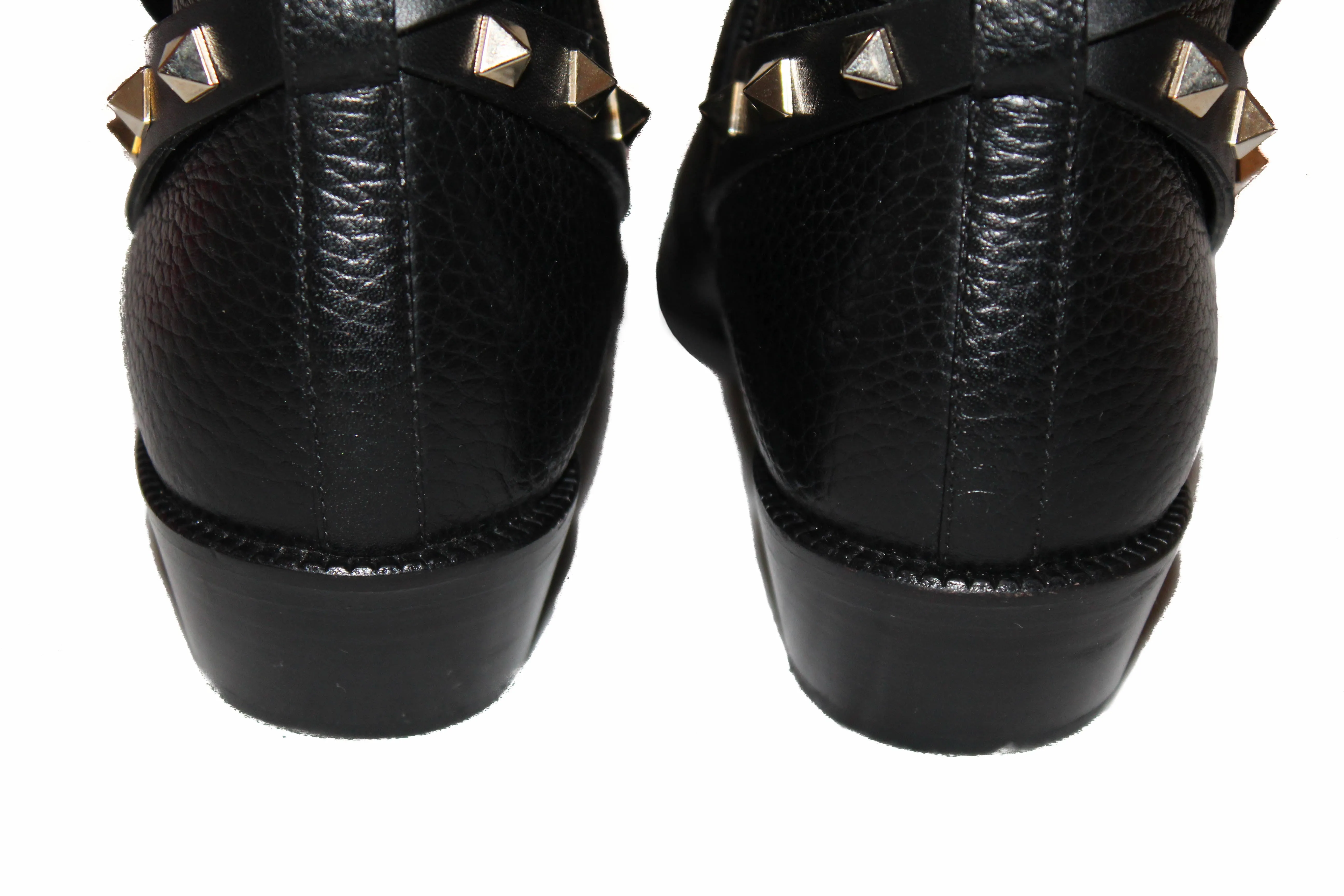 Authentic Valentino Black Leather Rockstud Grainy Calfskin Ankle Boots Shoes Size 36