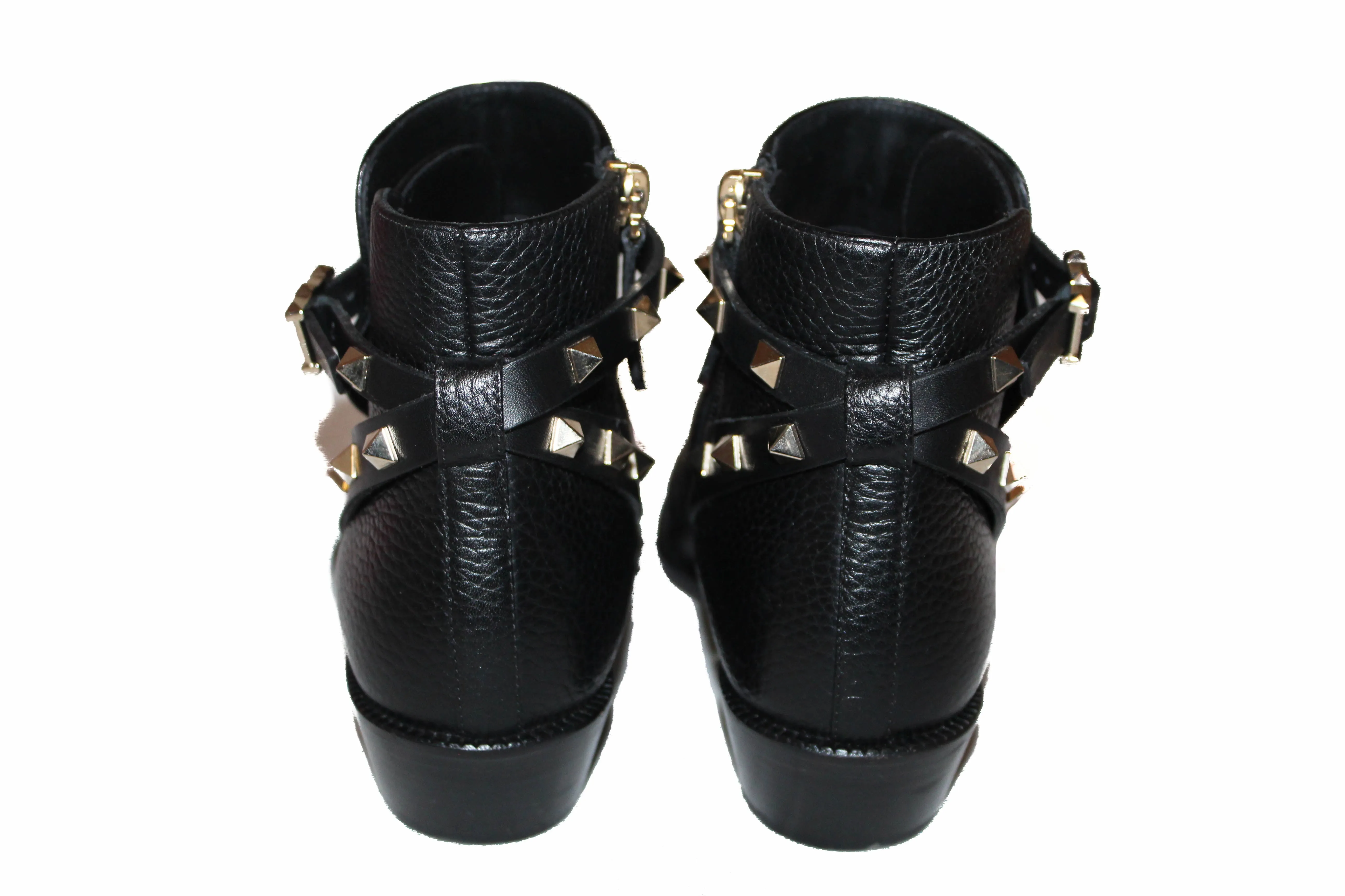 Authentic Valentino Black Leather Rockstud Grainy Calfskin Ankle Boots Shoes Size 36