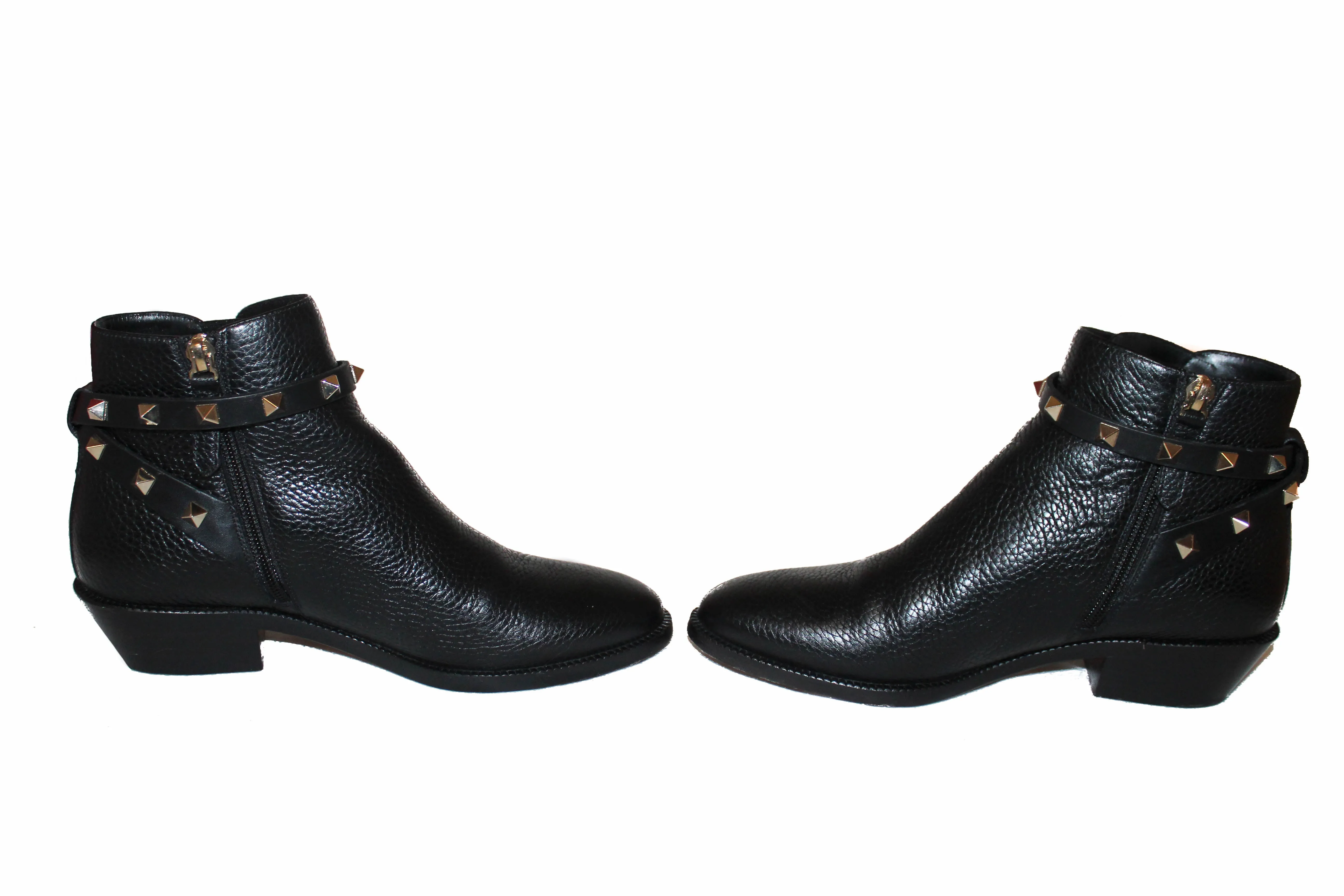 Authentic Valentino Black Leather Rockstud Grainy Calfskin Ankle Boots Shoes Size 36