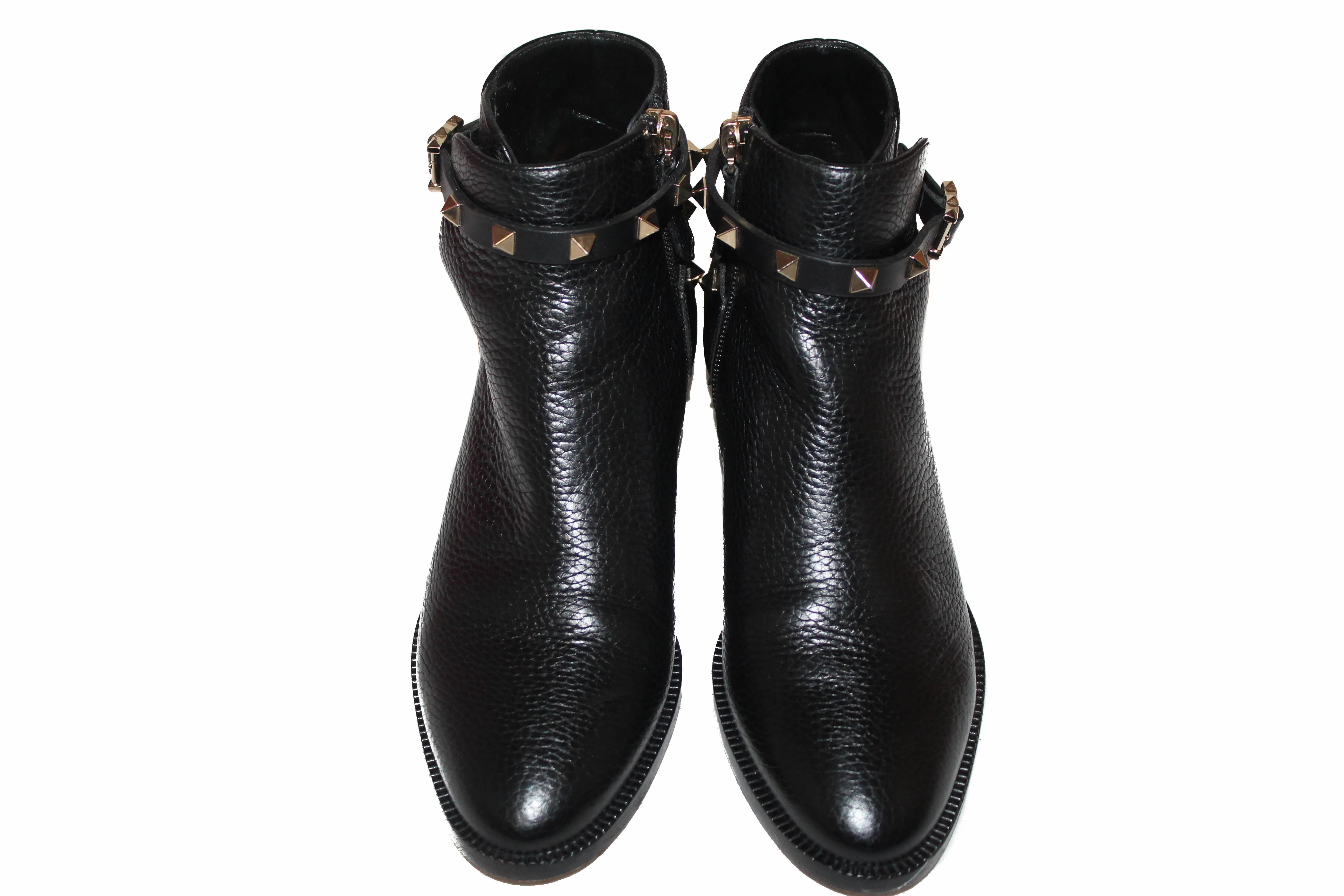 Authentic Valentino Black Leather Rockstud Grainy Calfskin Ankle Boots Shoes Size 36