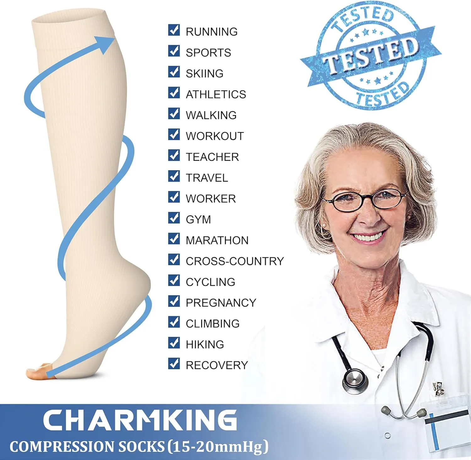 CHARMKING 3 Pairs Open Toe Compression Socks for Women & Men Circulation 15-20 mmHg is Best Support for All Day Wear