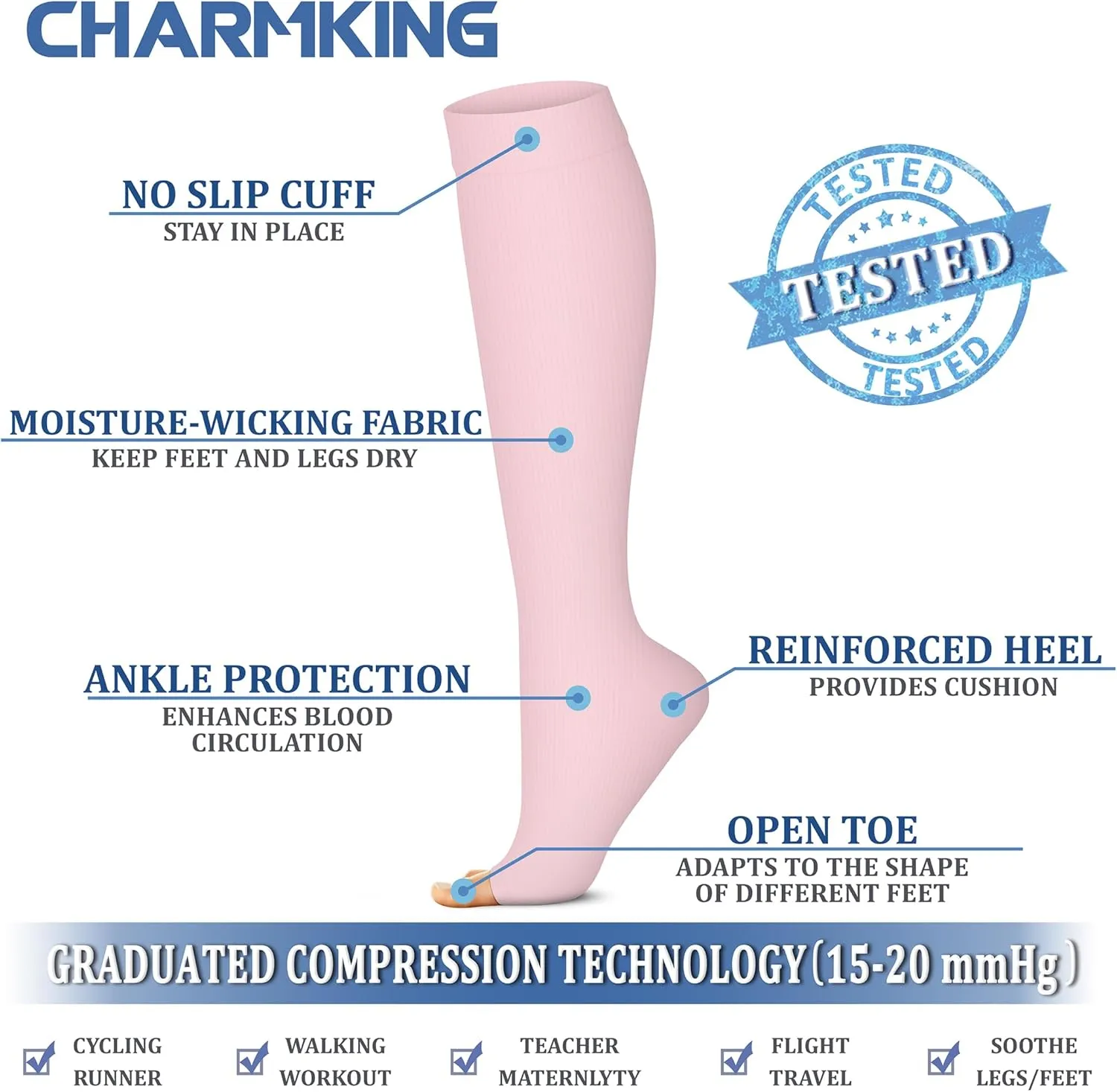 CHARMKING 3 Pairs Open Toe Compression Socks for Women & Men Circulation 15-20 mmHg is Best Support for All Day Wear