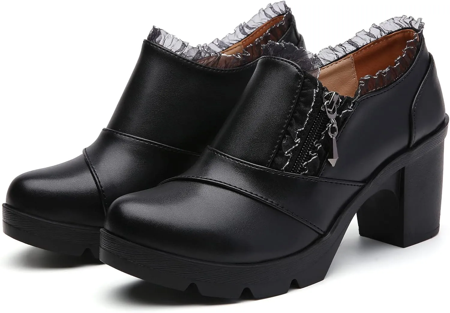 DADAWEN Women's Casual Zipper Lace Platform Mid-Heel Square Toe Oxfords Dress Shoes