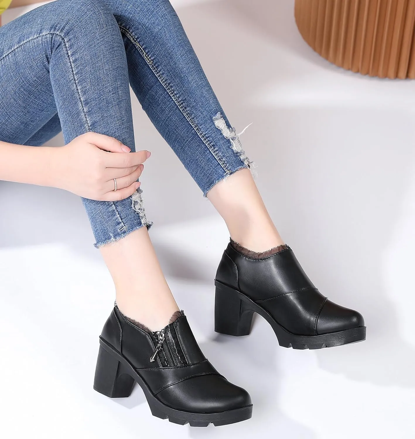 DADAWEN Women's Casual Zipper Lace Platform Mid-Heel Square Toe Oxfords Dress Shoes