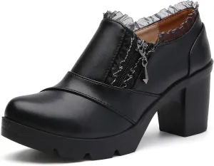 DADAWEN Women's Casual Zipper Lace Platform Mid-Heel Square Toe Oxfords Dress Shoes