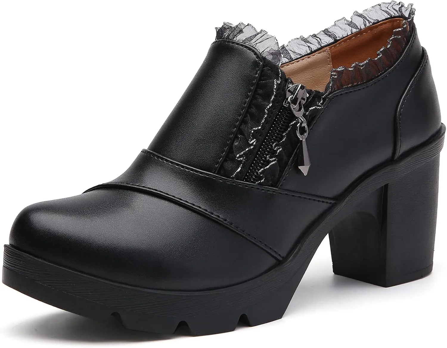DADAWEN Women's Casual Zipper Lace Platform Mid-Heel Square Toe Oxfords Dress Shoes