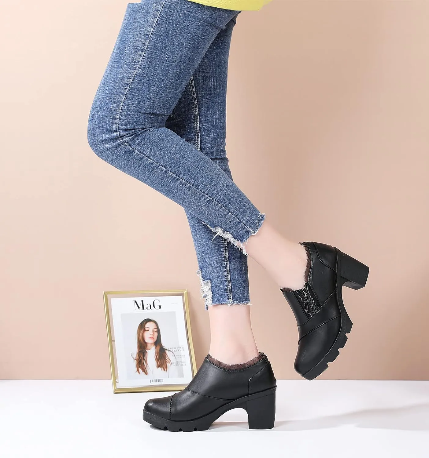 DADAWEN Women's Casual Zipper Lace Platform Mid-Heel Square Toe Oxfords Dress Shoes