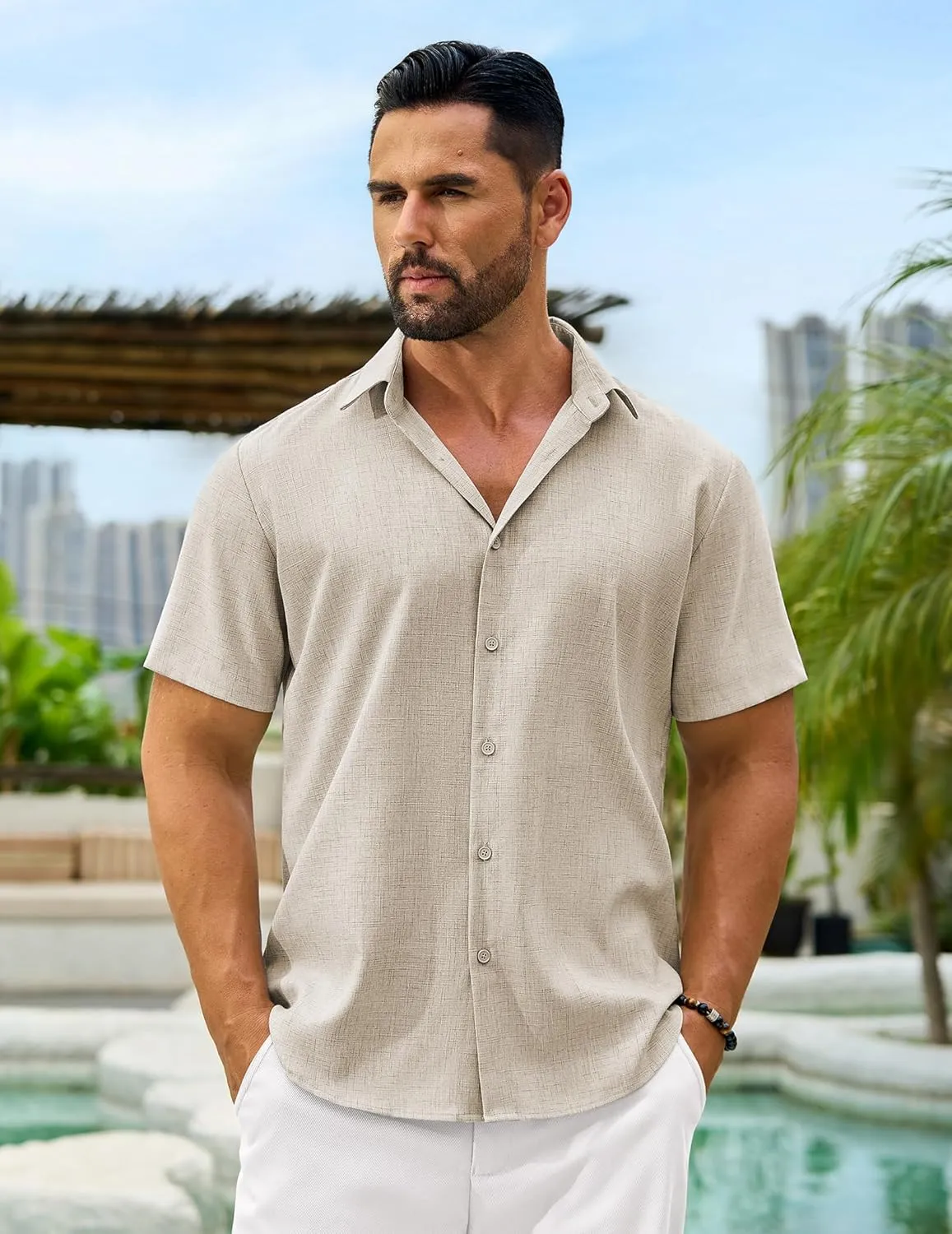 Men's Linen Shirts Short Sleeve Casual Button Down Shirts Summer Beach Wedding Vacation Cotton Tops