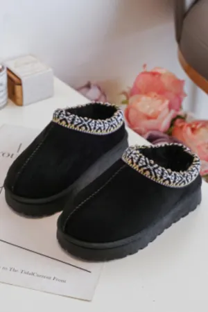 MINI KIDS HOLLIE BLACK PLATFORM EMBROIDERED ANKLE SLIPPER BOOTS