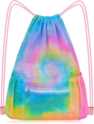 Nidoul Mesh Drawstring Bag with Zipper Pocket, Gym Storage Bag for Adults, Unisex, Multicolor, Medium Size