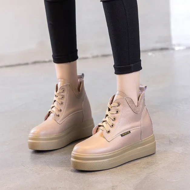 Petite Thick Sole Height Increased Leather Sneakers AP205