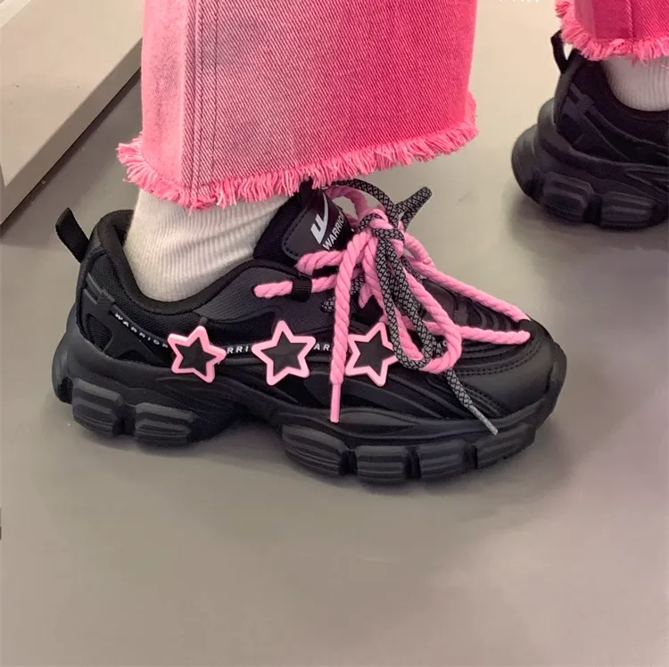 Pink Stars Y2K Girl Thick Soles Black Sporty Sneakers Running Shoes