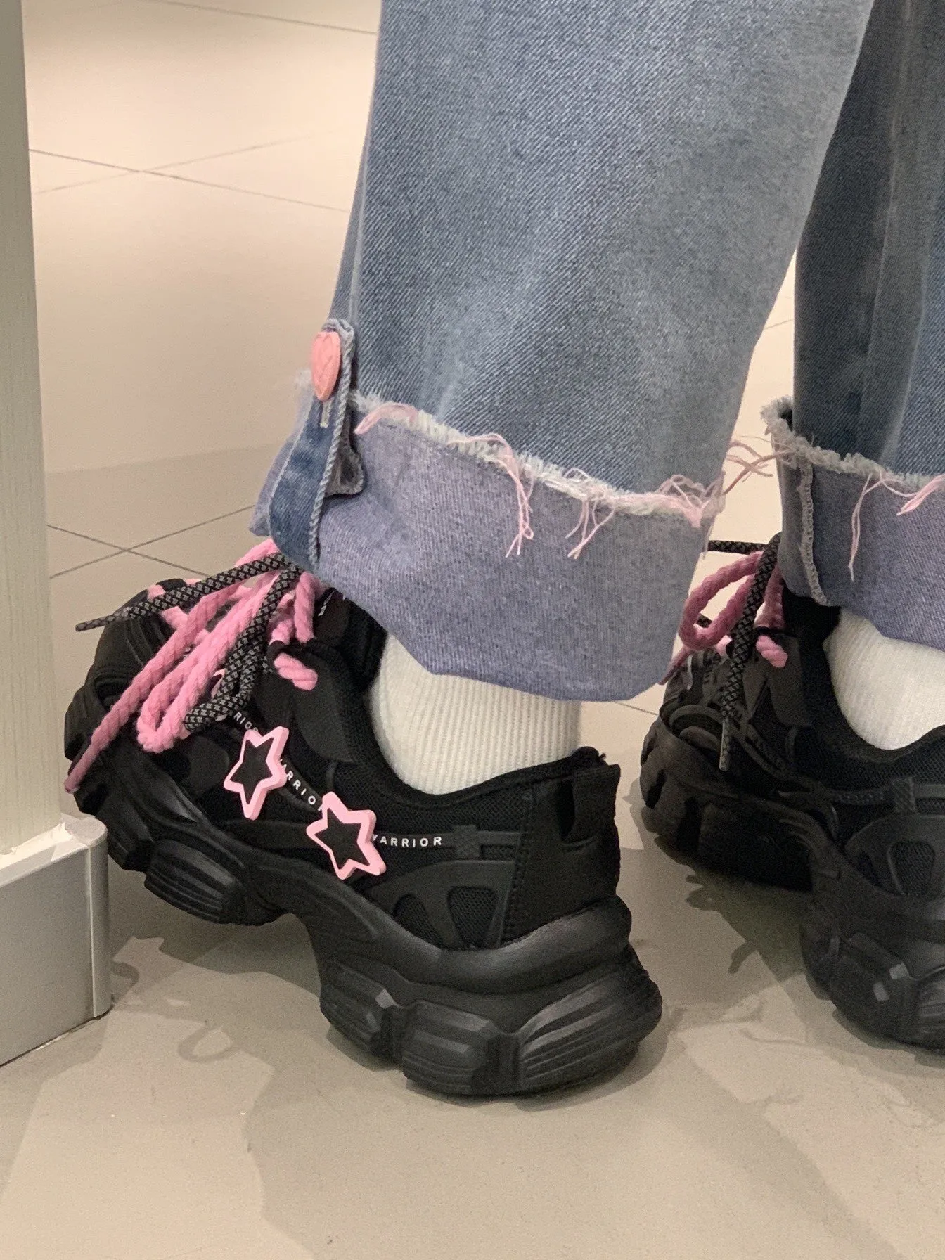 Pink Stars Y2K Girl Thick Soles Black Sporty Sneakers Running Shoes
