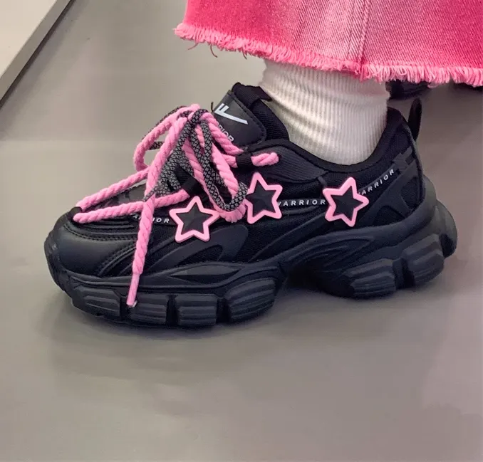 Pink Stars Y2K Girl Thick Soles Black Sporty Sneakers Running Shoes