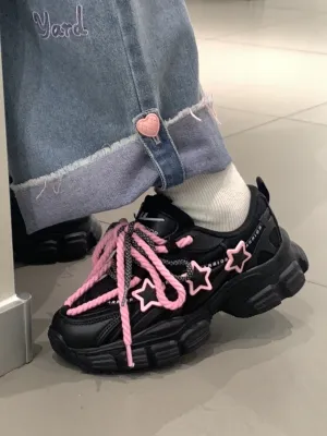 Pink Stars Y2K Girl Thick Soles Black Sporty Sneakers Running Shoes