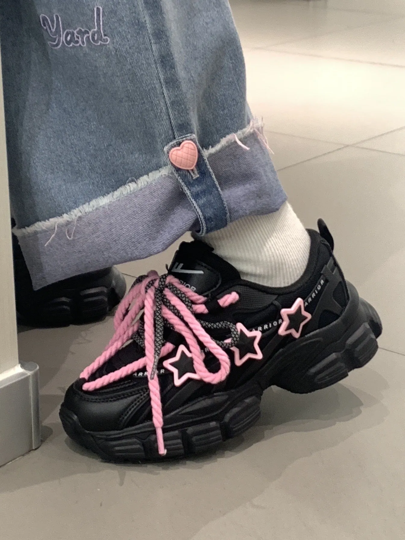 Pink Stars Y2K Girl Thick Soles Black Sporty Sneakers Running Shoes