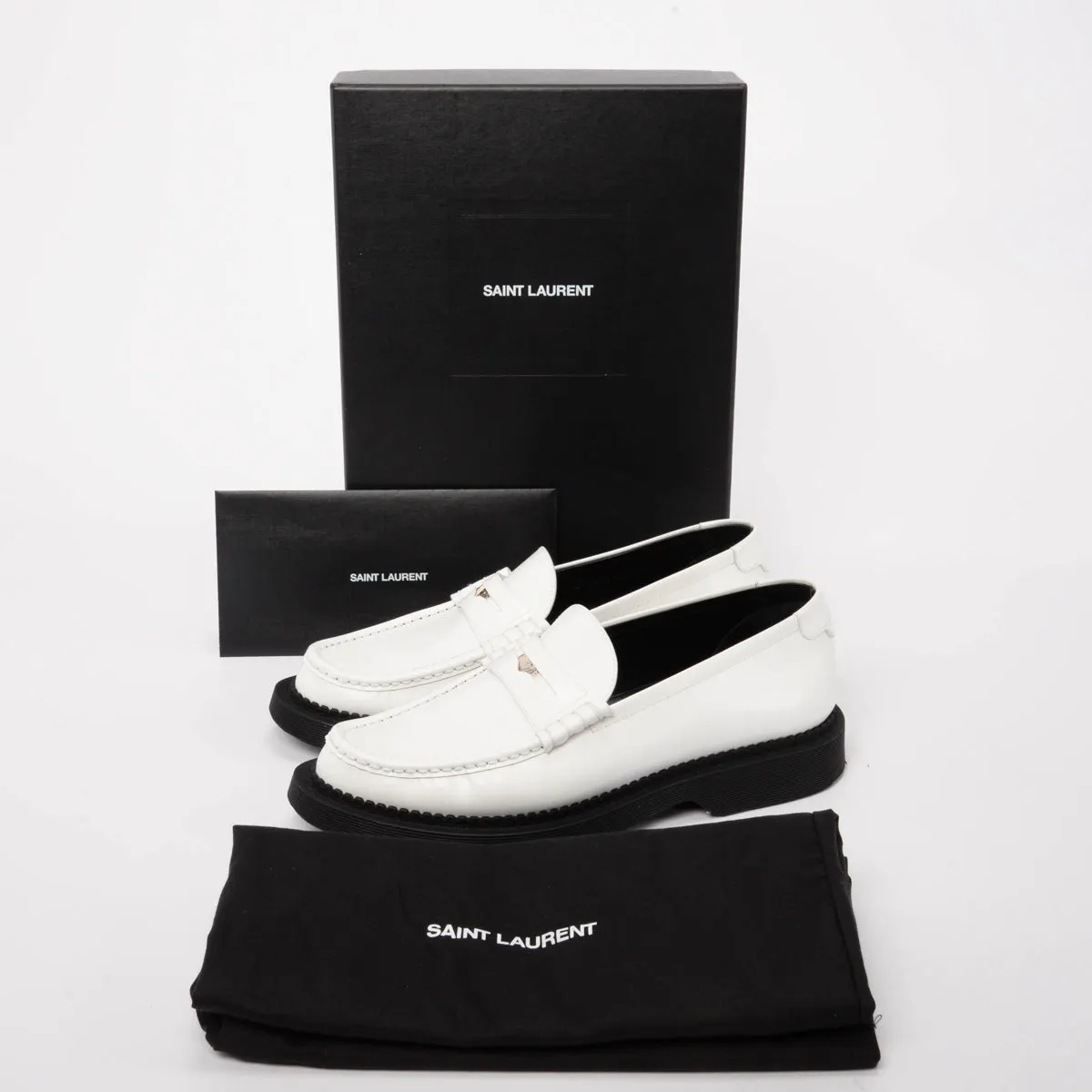 Saint Laurent White Calfskin Teddy Penny Loafers FR 44
