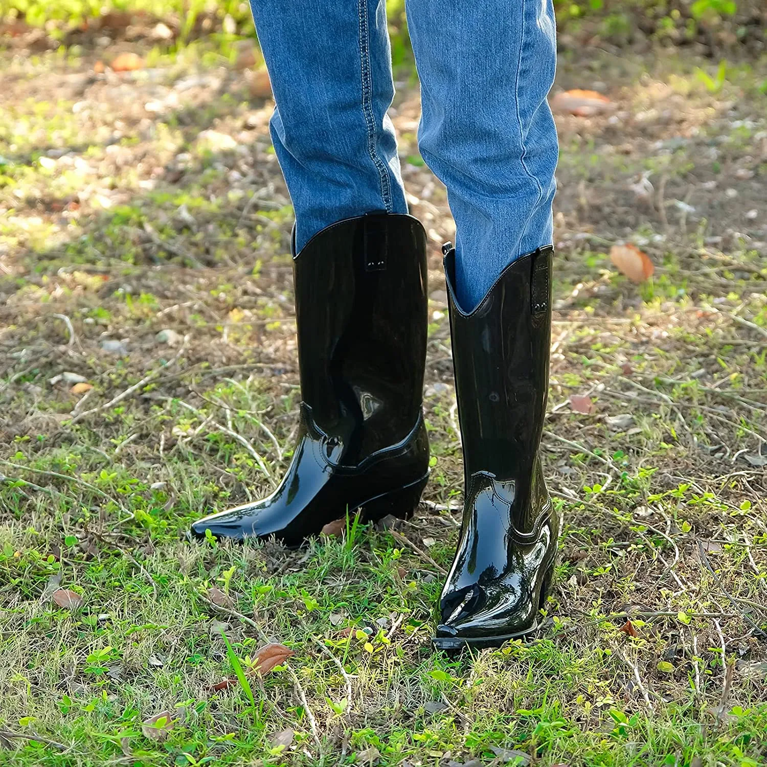 Shiny Black Mid Calf Anti-Slipping Rain Boots