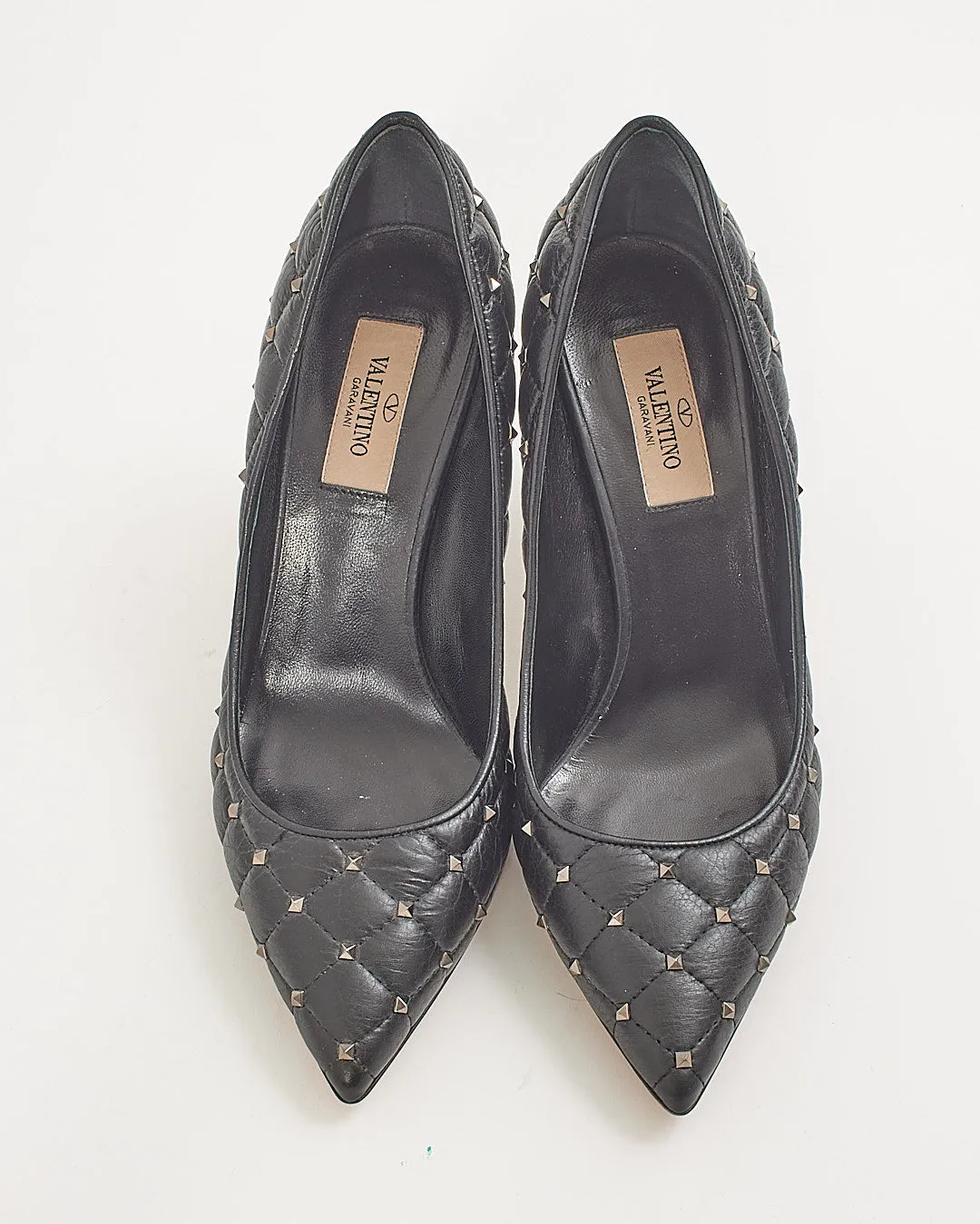 Valentino Black Leather Rockstud Point Toe Heels - 37