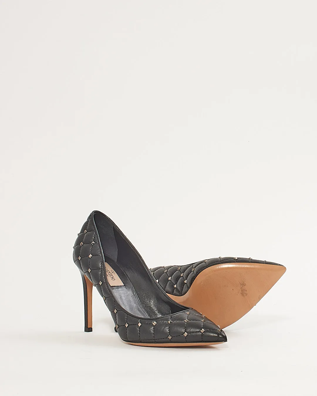 Valentino Black Leather Rockstud Point Toe Heels - 37