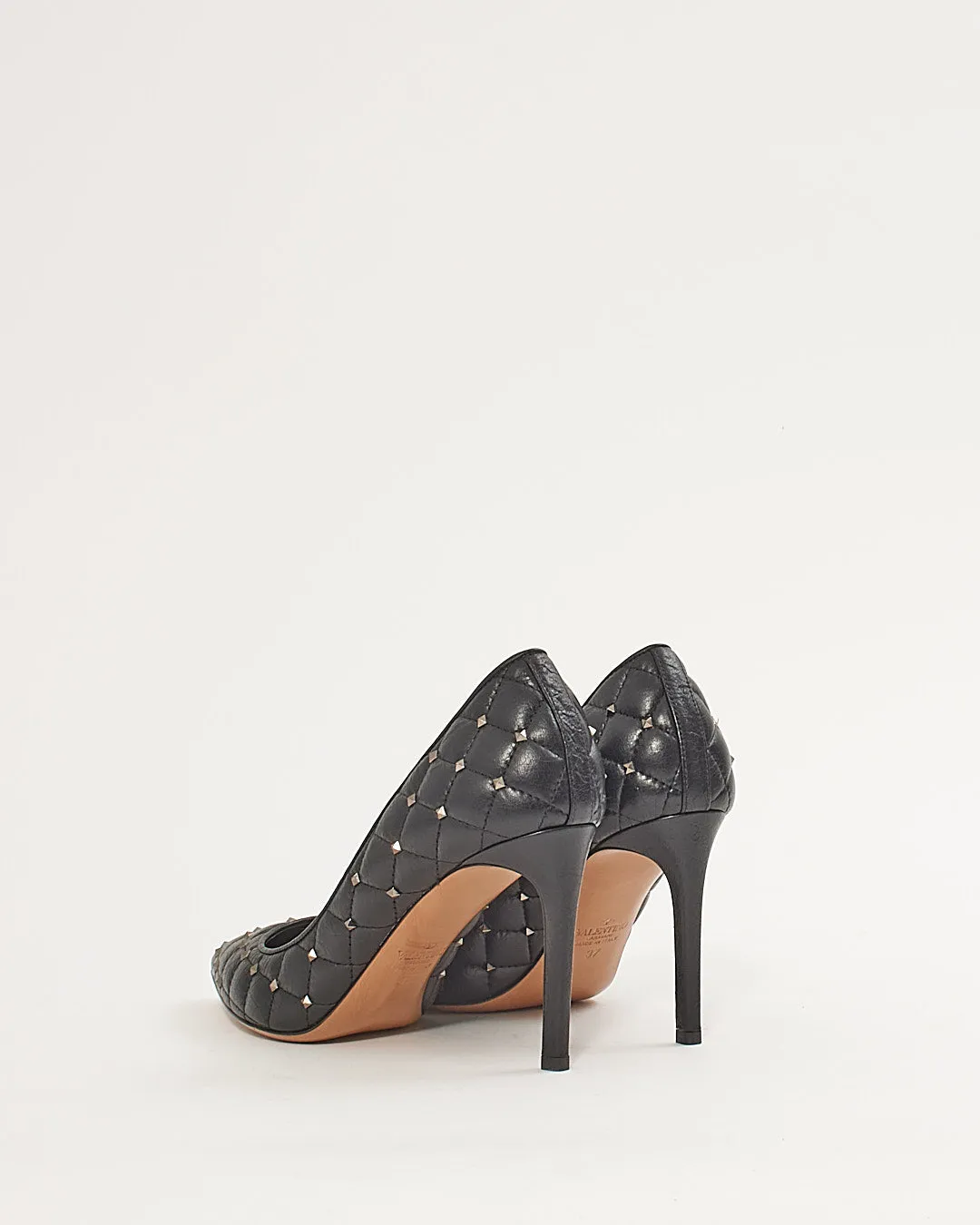 Valentino Black Leather Rockstud Point Toe Heels - 37