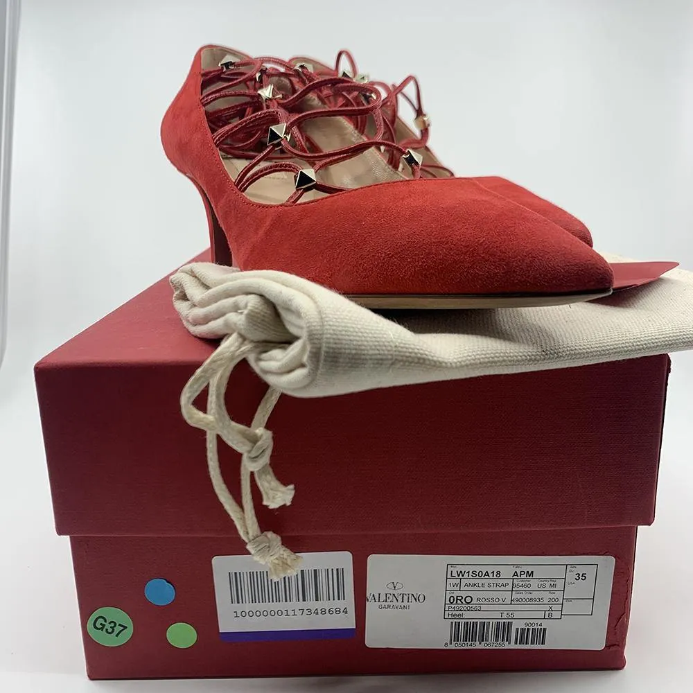 Valentino Women's Suede Rockstud Strappy Heels Red