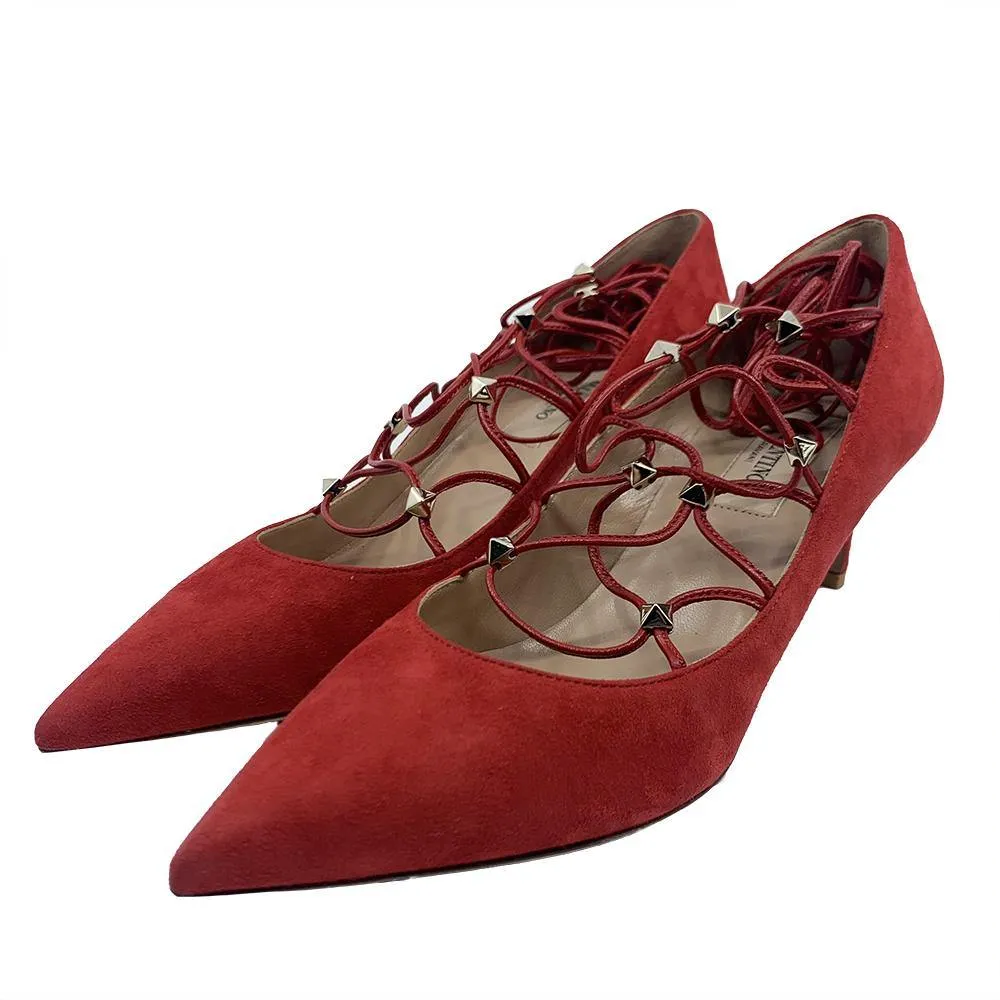 Valentino Women's Suede Rockstud Strappy Heels Red