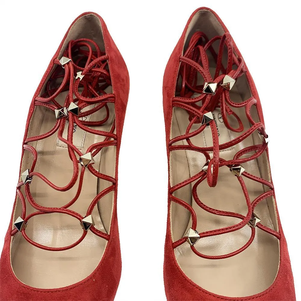 Valentino Women's Suede Rockstud Strappy Heels Red