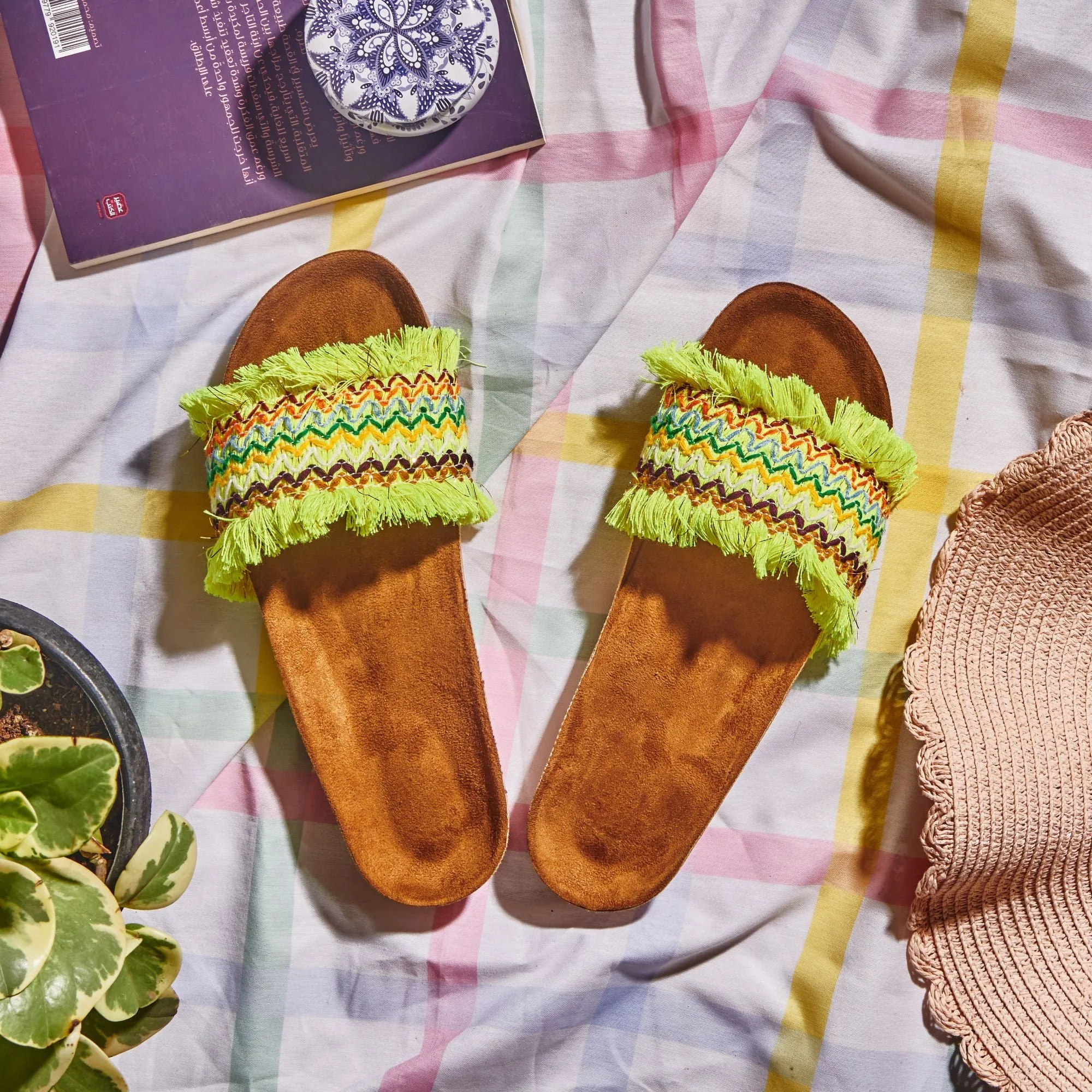 Yenile | Fringy Summer Slippers - Green